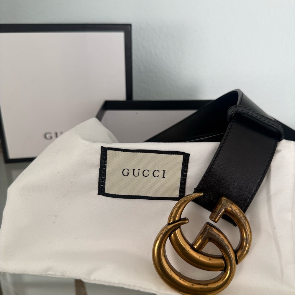 Black Leather Belt Gold GG buckle